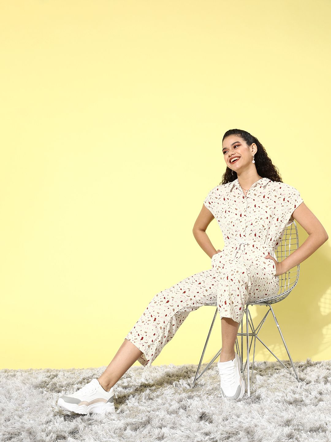 Mast & Harbour Women Classic White Printed Cinched Waist Jumpsuit Price in India