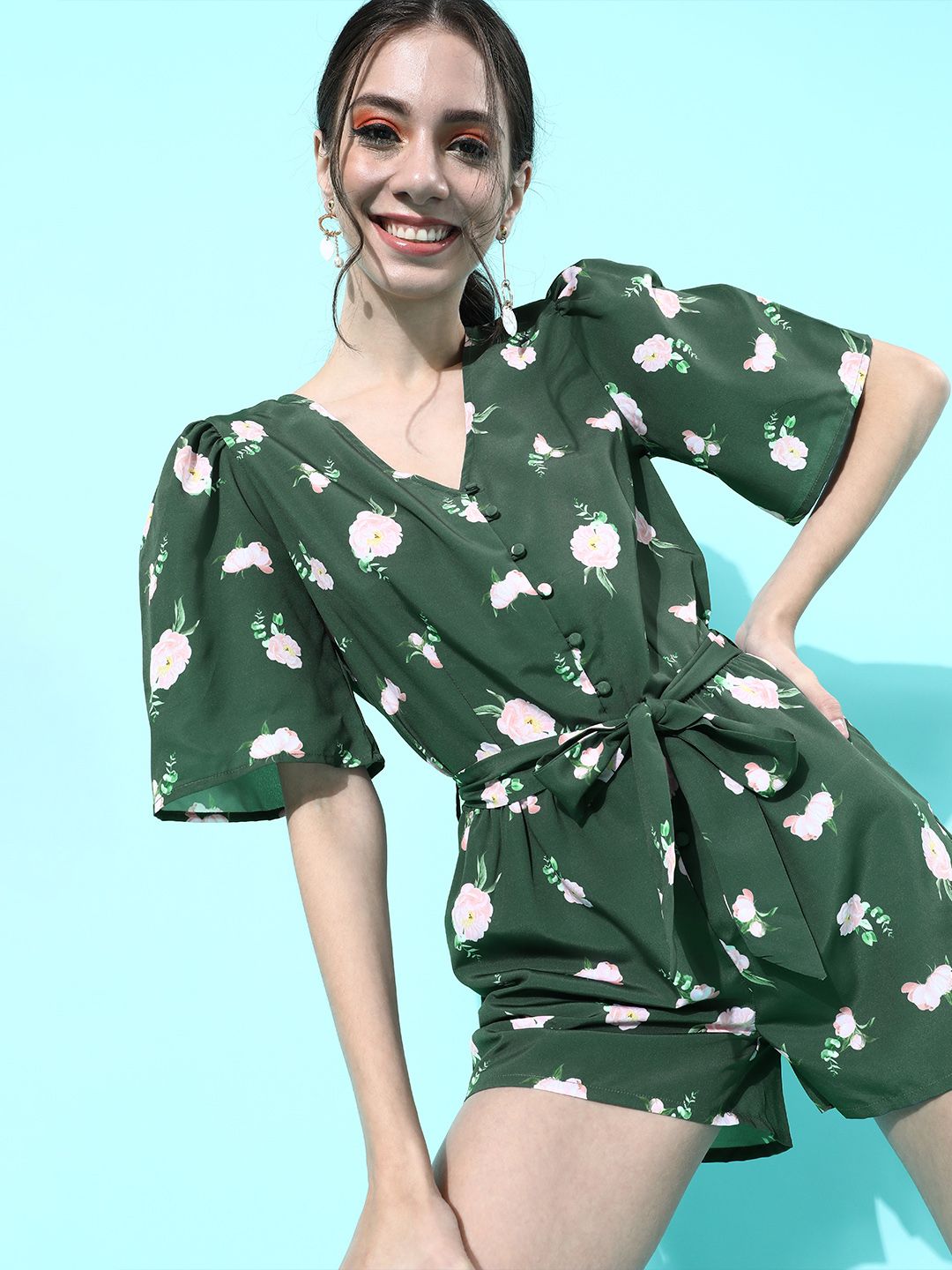 Mast & Harbour Women Gorgeous Green Printed Cinched Waist Jumpsuit Price in India