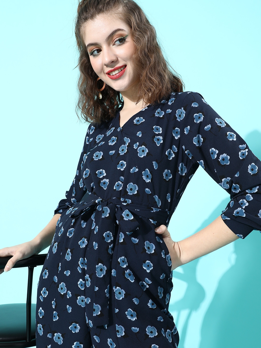 Mast & Harbour Women Deep Navy Blue Printed Belted Jumpsuit Price in India