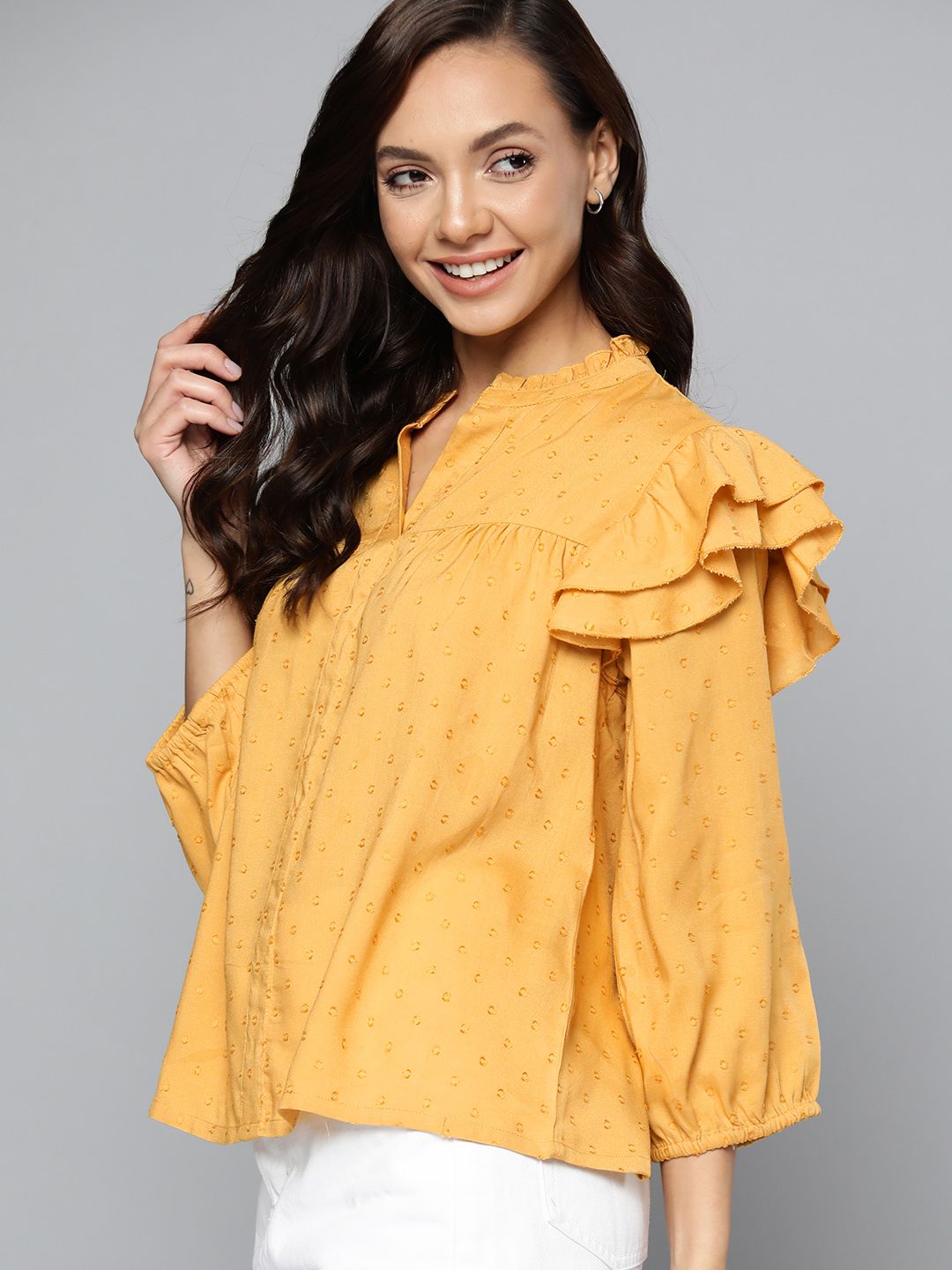 Mast & Harbour Mustard Yellow Dobby Weave Ruffles Detail Top