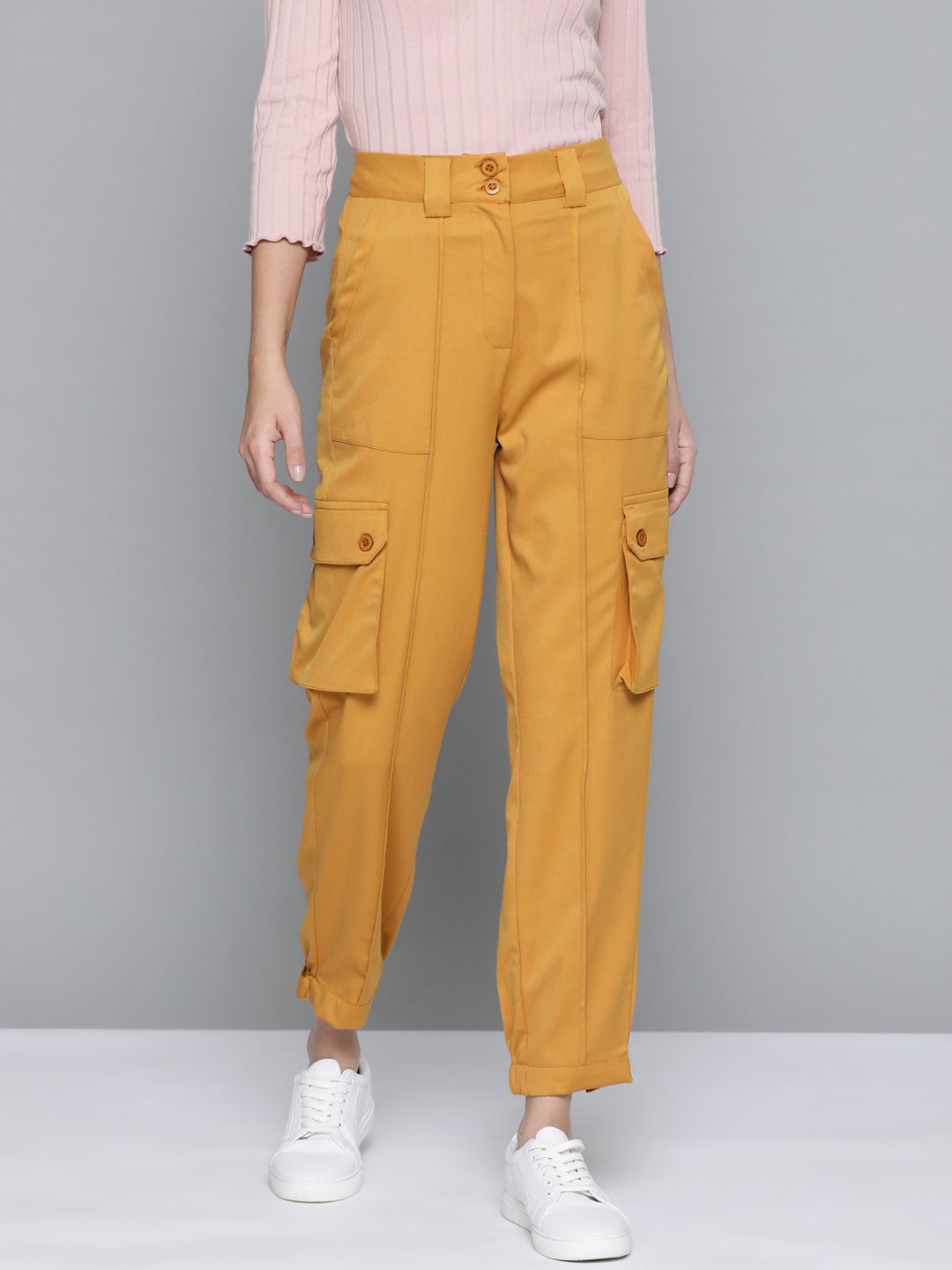 Mast & Harbour Women Mustard Brown Solid Cargos Trousers Price in India