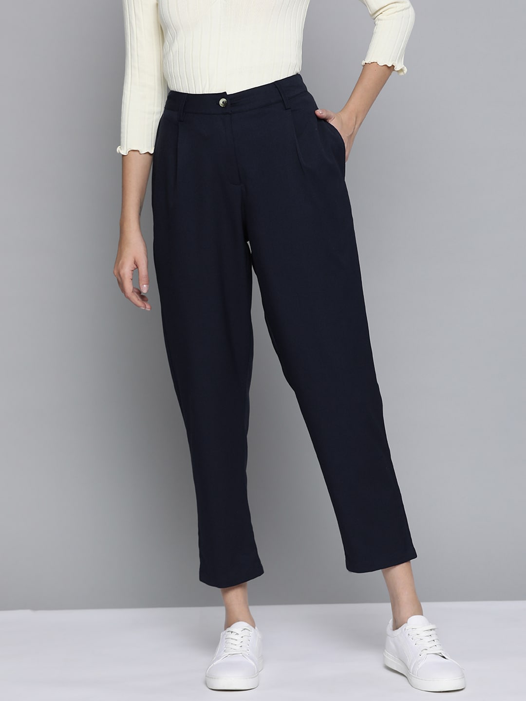 Mast & Harbour Women Navy Blue Solid Trousers Price in India
