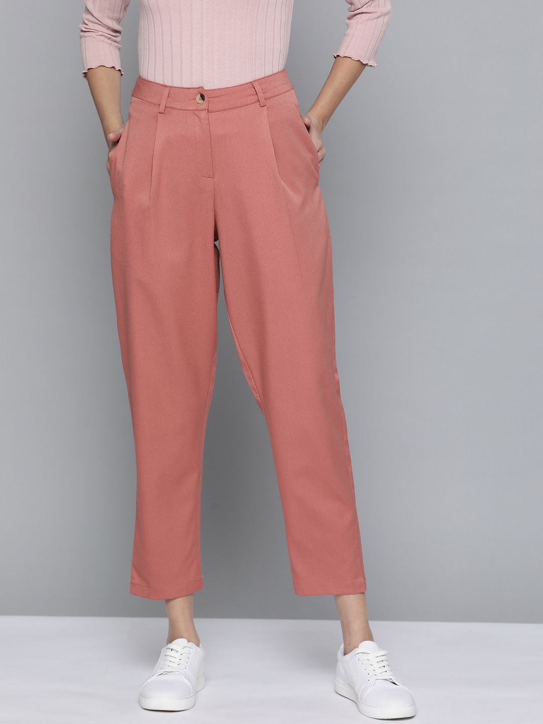 Mast & Harbour Women Dusty Pink Solid Trousers Price in India