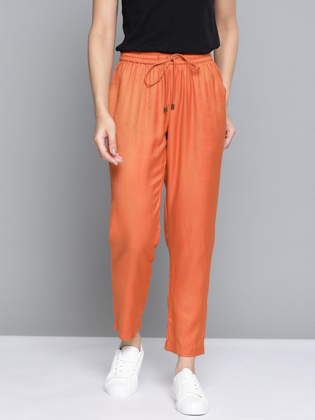 Mast & Harbour Women Orange Solid Pleated Trousers Price in India
