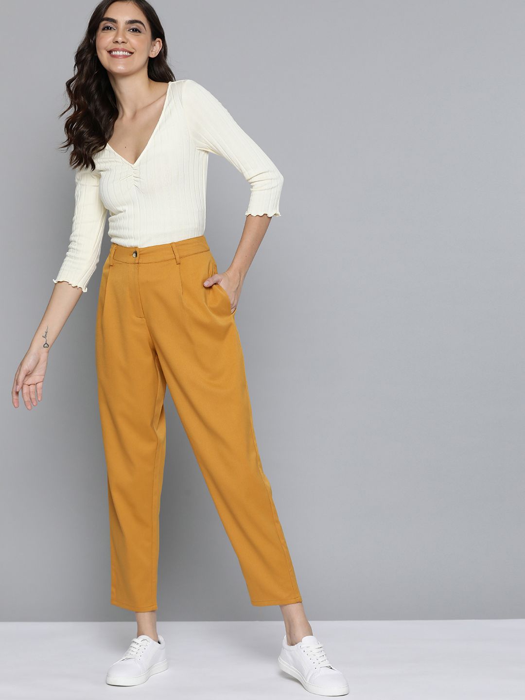 Mast & Harbour Women Mustard Yellow Solid Trousers Price in India