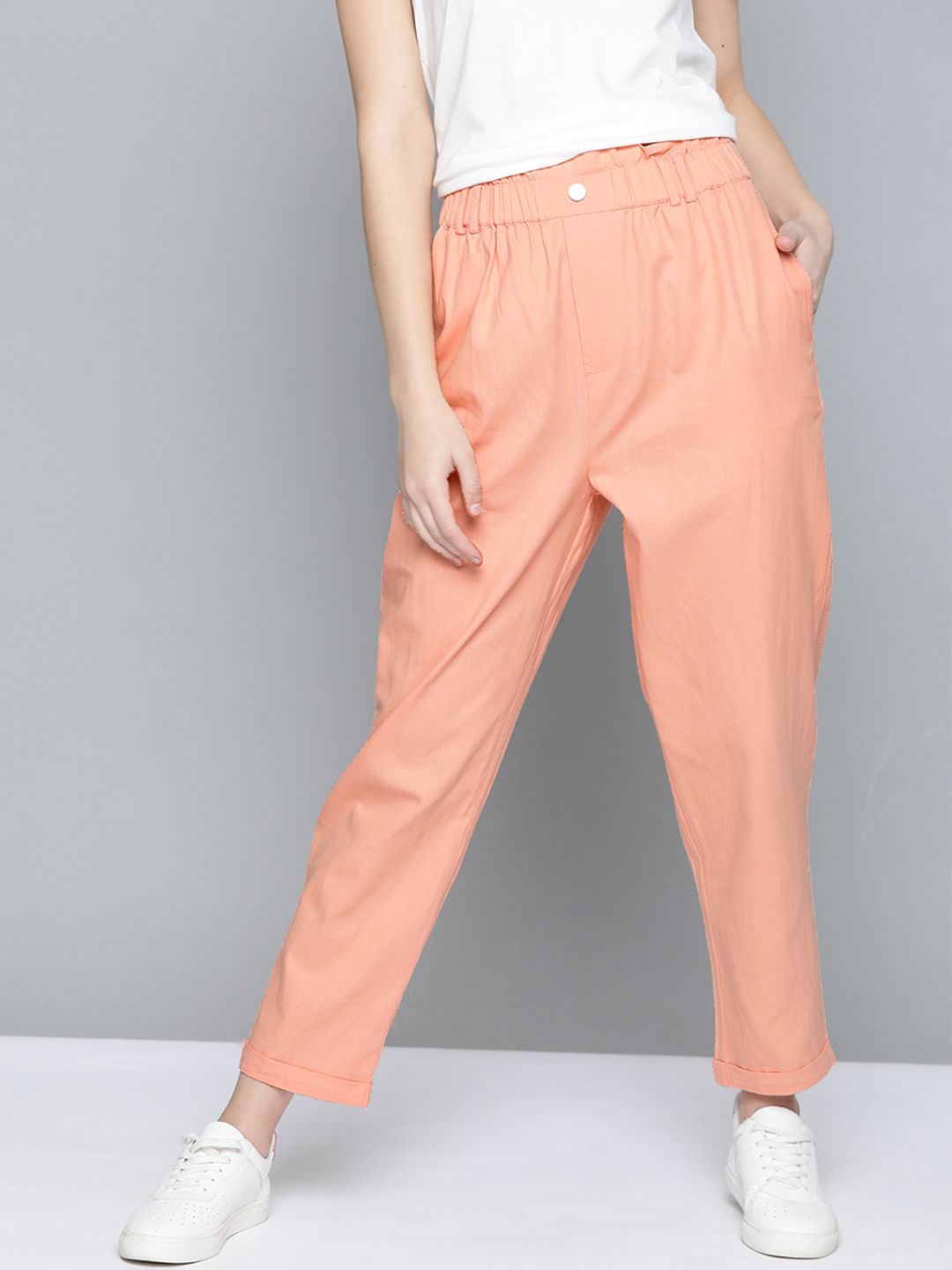 Mast & Harbour Women Peach-Coloured Solid Trousers Price in India
