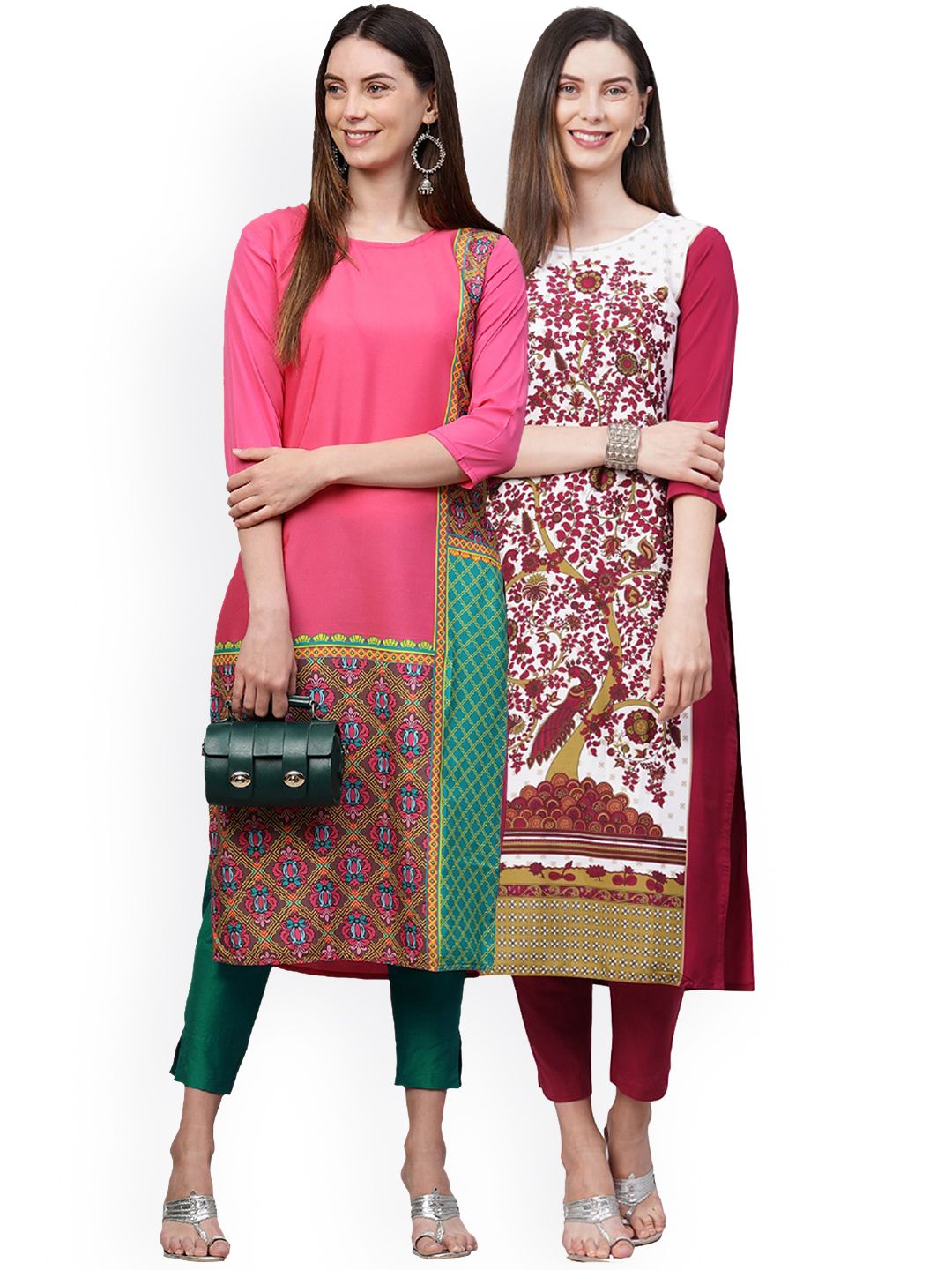 GoSriKi Women Pack Of 2 Pink & White Ethnic Motifs Printed Crepe Kurtas