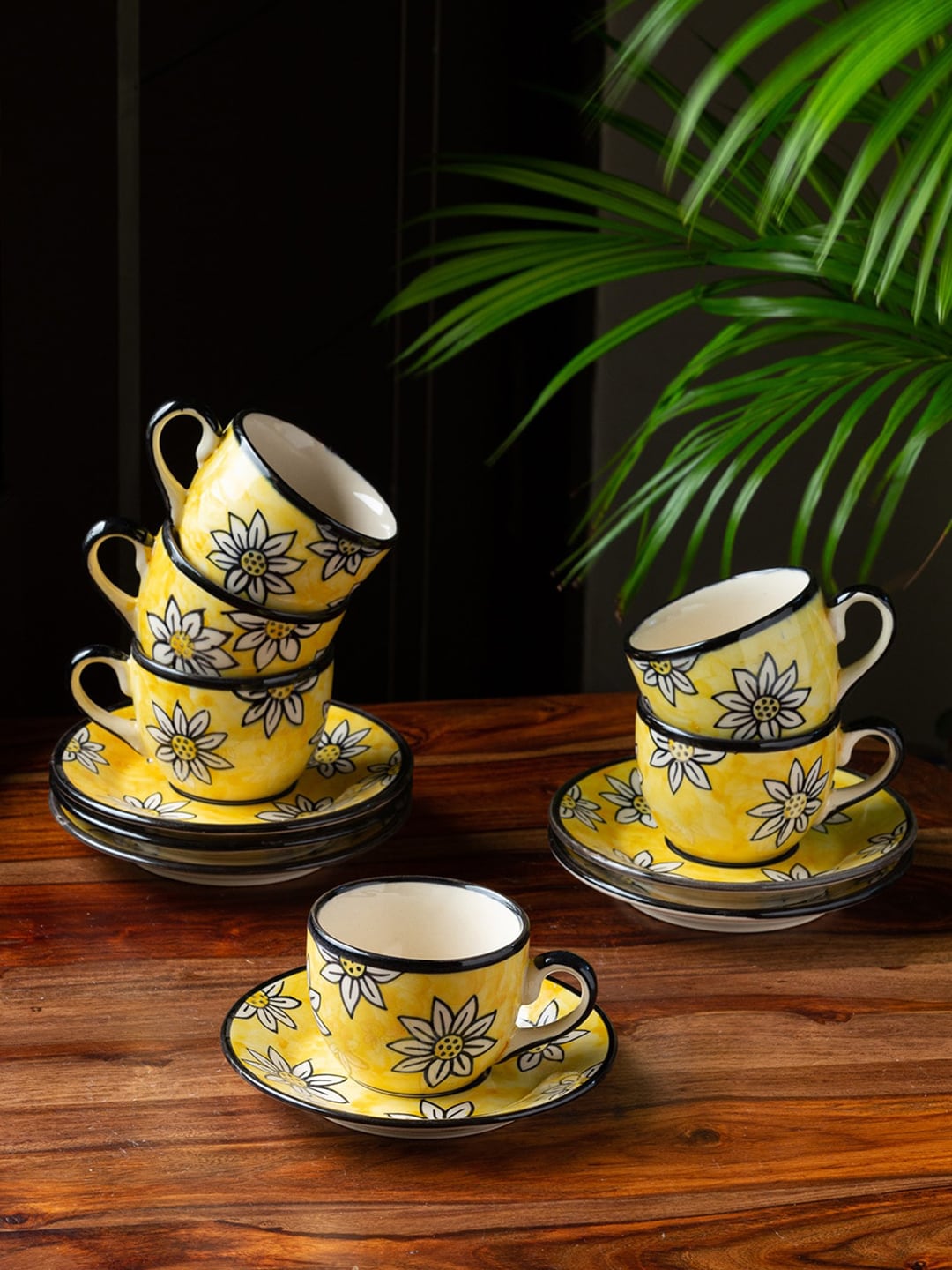 ExclusiveLane Yellow & White Hand Painted Printed Ceramic Glossy Cups and Saucers Price in India