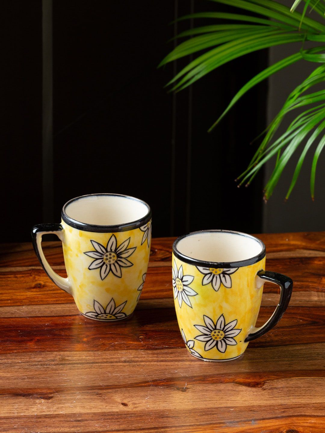ExclusiveLane Yellow & Black Hand Painted Printed Ceramic Glossy Coffee Mugs Price in India
