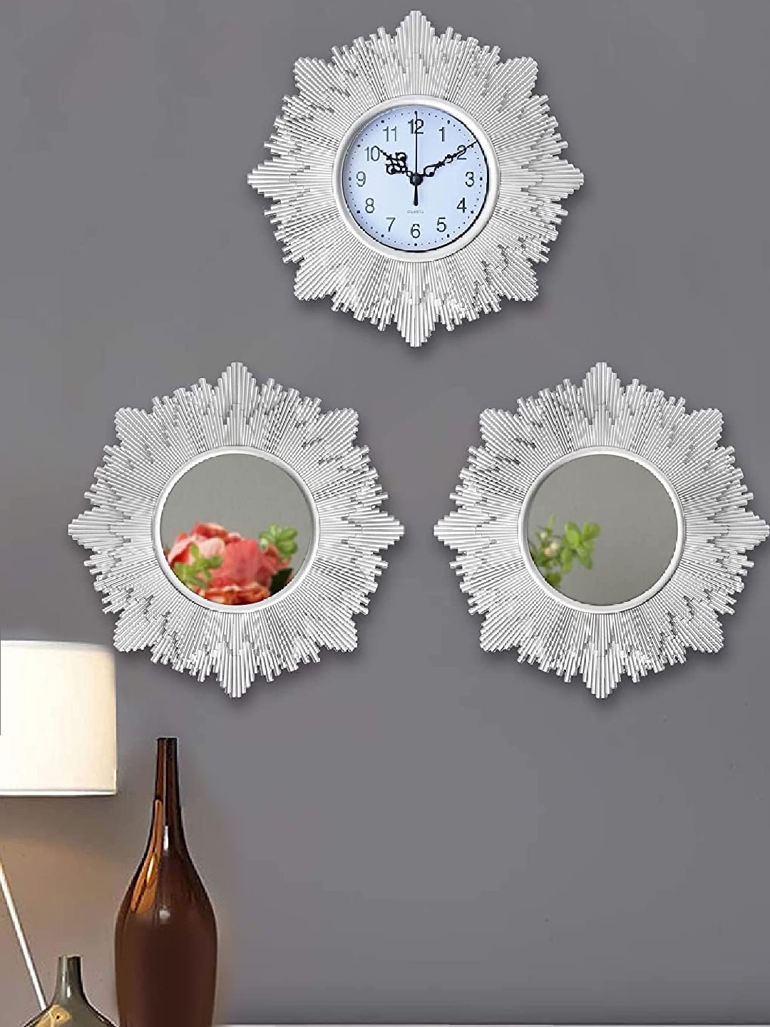 TIED RIBBONS Silver-Toned & White Set of 3 Floral Contemporary Wall Clock with Mirrors Price in India