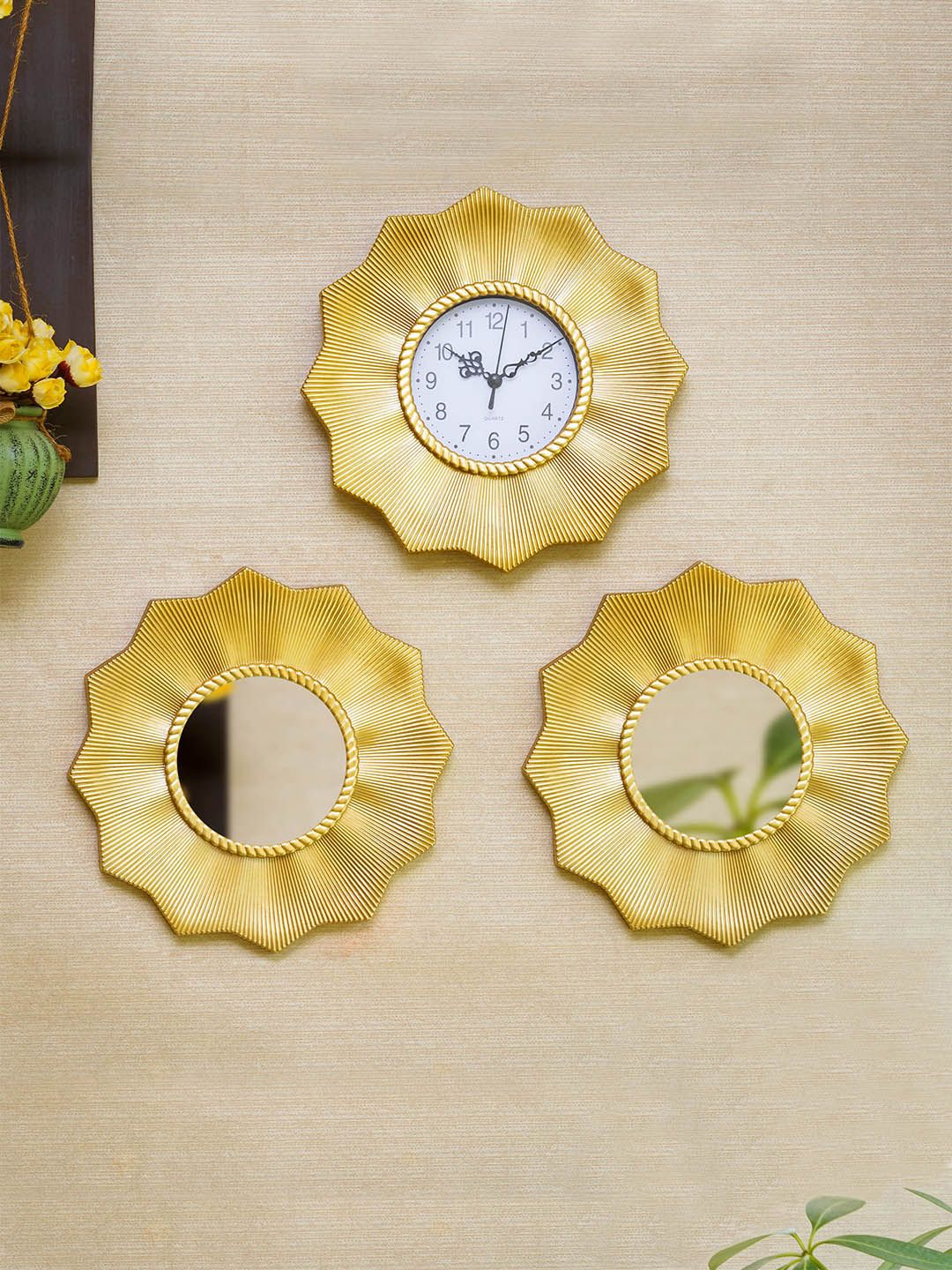 TIED RIBBONS Gold-Toned & White Set of 3 Floral Contemporary Wall Clock Price in India