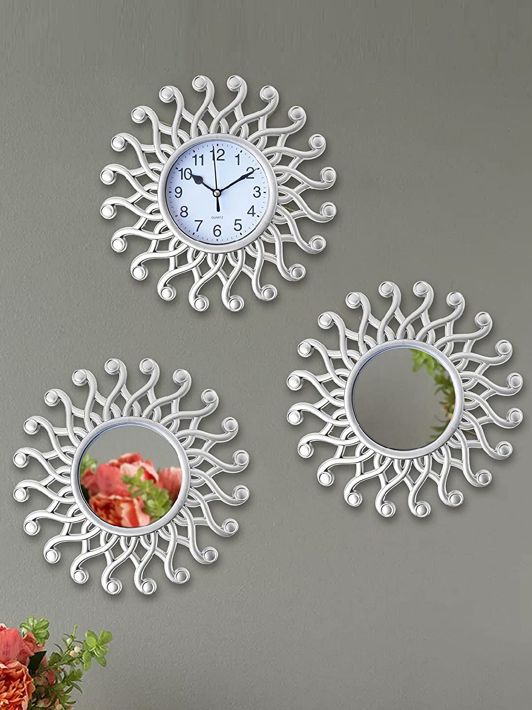 TIED RIBBONS Silver-Toned & White Set of 3 Contemporary Wall Clock with Mirrors Price in India