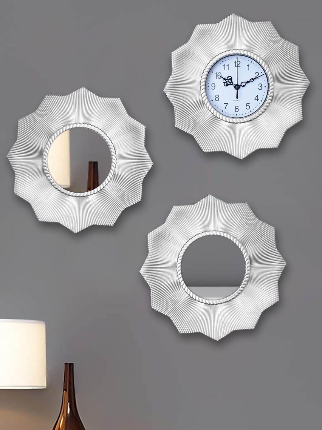 TIED RIBBONS Silver-Toned Set of 3 Floral Contemporary Wall Clock with Wall Mirrors Price in India