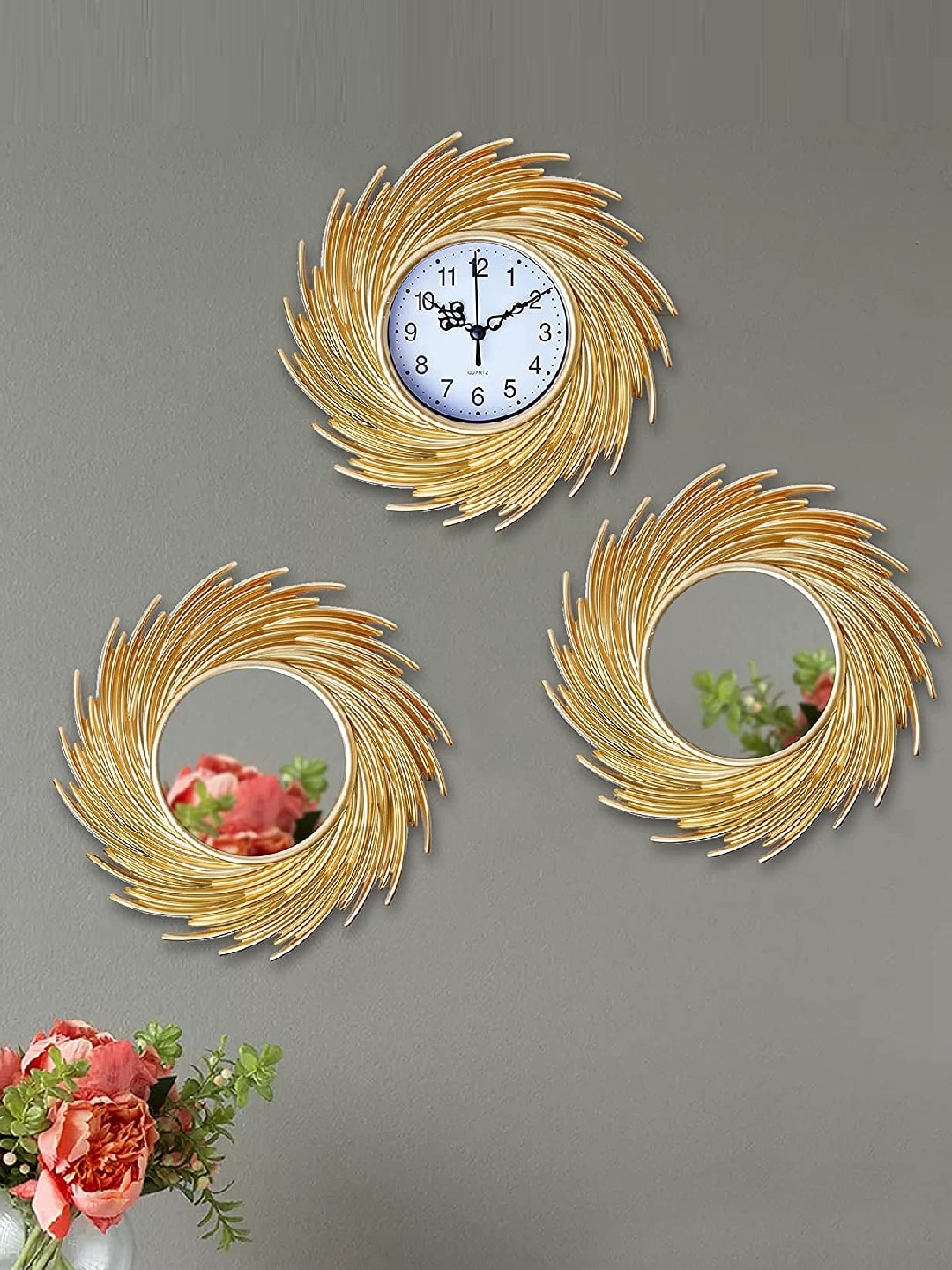 TIED RIBBONS Gold-Toned & White Set of 3 Floral Contemporary Wall Clock  with Mirrors Price in India