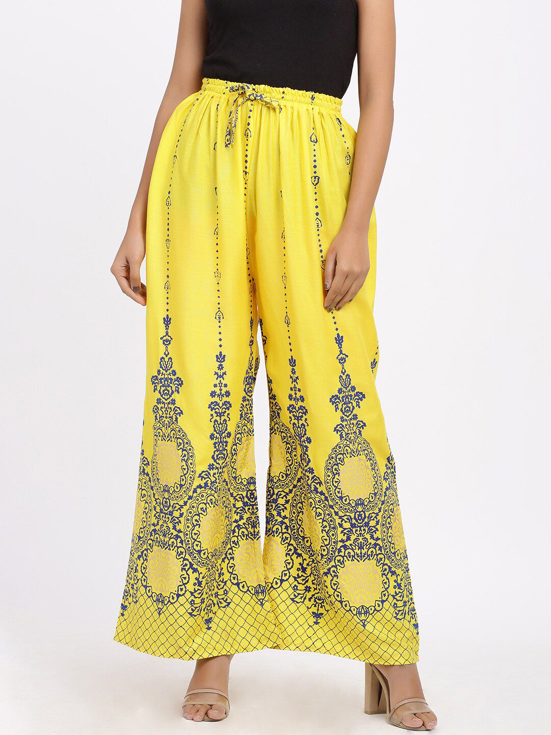 SOUNDARYA Women Yellow & Blue Printed Knitted Palazzos