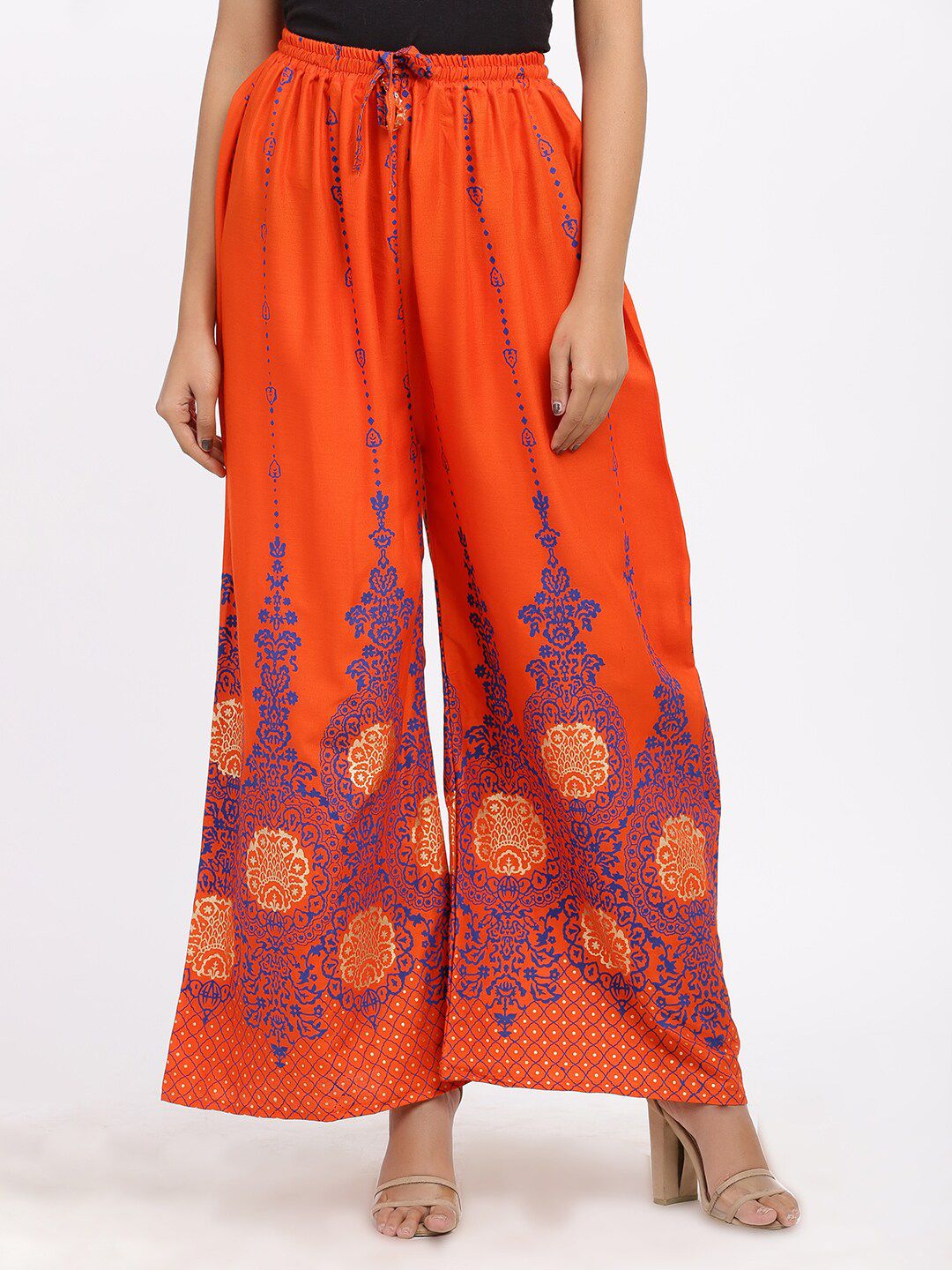 SOUNDARYA Women Orange & Blue Printed Knitted Palazzos