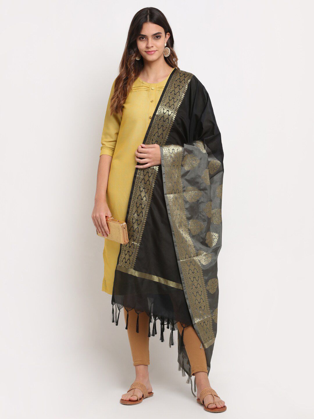 LOOM LEGACY Grey & Black Ethnic Motifs Woven Design Dupatta with Zari Price in India