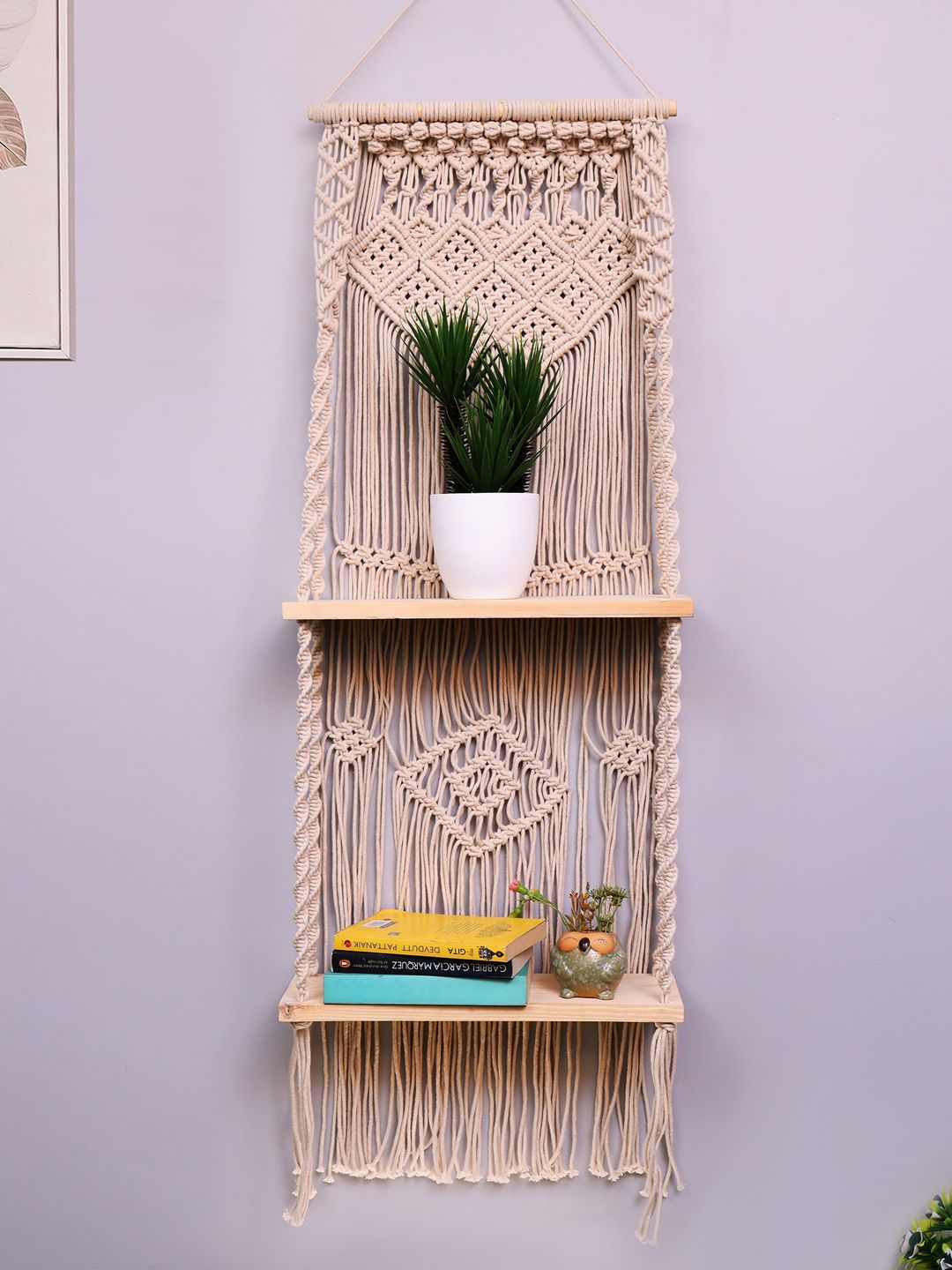 Homesake Beige Solid Hand-Made Macrame Hanging 2-Tier Shelf Wall Decors Price in India