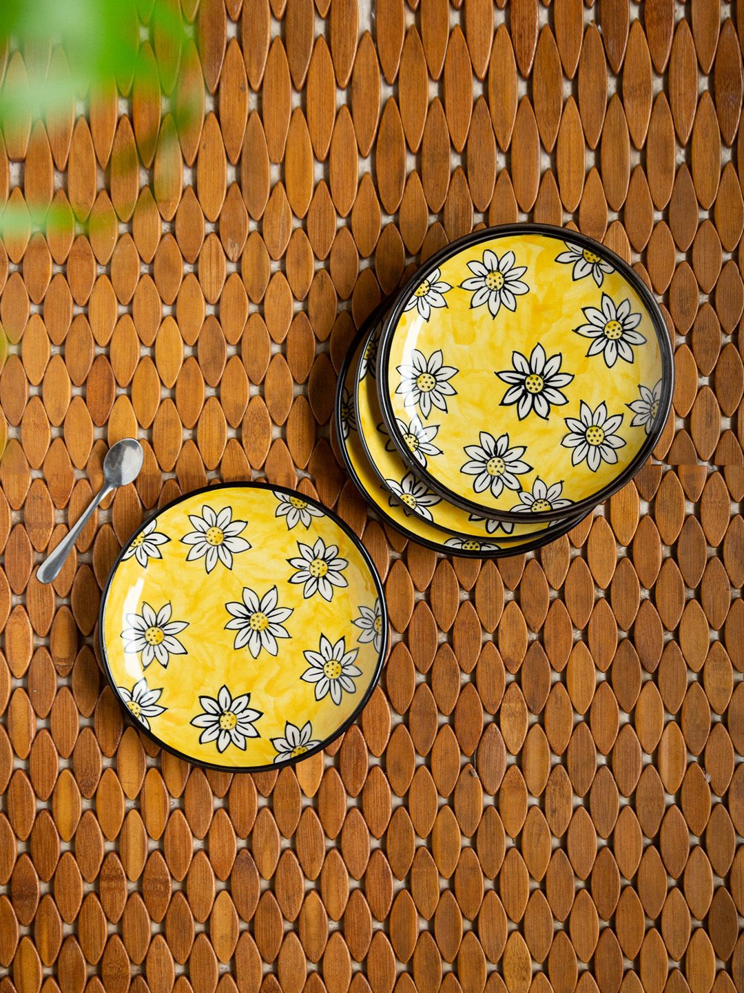 ExclusiveLane Yellow & White 4 Pieces Hand Painted Printed Ceramic Glossy Quarter Plates Price in India