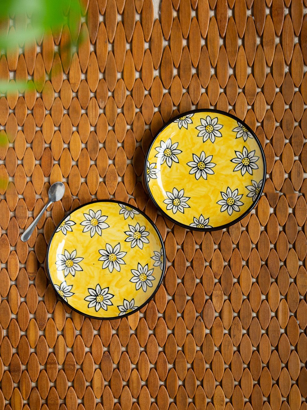 ExclusiveLane Yellow & White 2 Pieces Hand Painted Printed Ceramic Glossy Quarter Plates Price in India