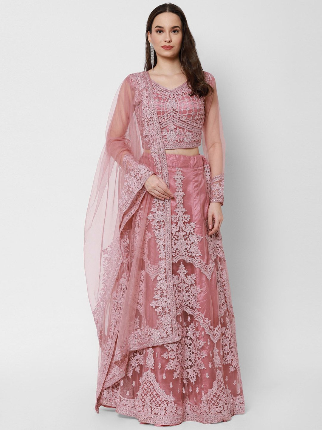 RedRound Pink & Grey Embellished Sequinned Semi-Stitched Lehenga & Unstitched Blouse With Dupatta Price in India