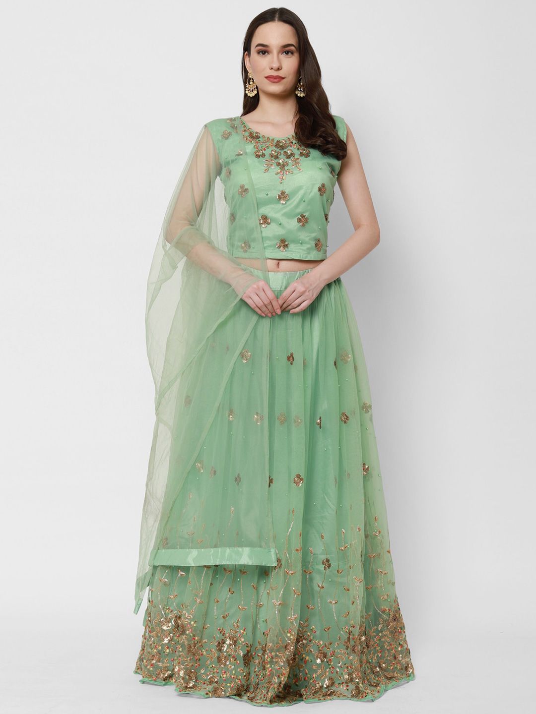 RedRound Green & Brown Embellished Sequinned Semi-Stitched Lehenga & Unstitched Blouse With Dupatta Price in India
