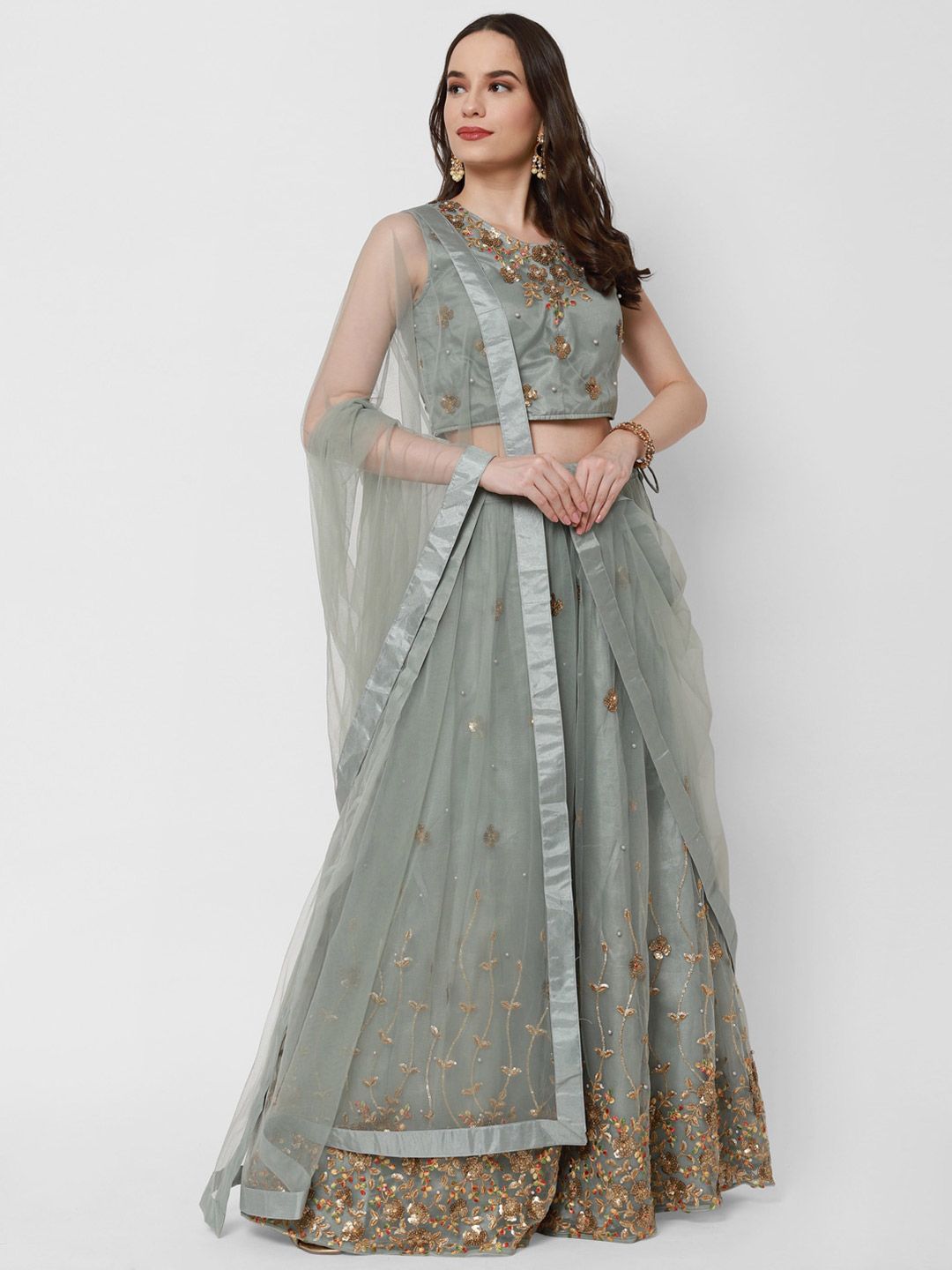 RedRound Grey & Gold-Toned Embellished Sequinned Semi-Stitched Lehenga & Unstitched Blouse With Dupatta Price in India