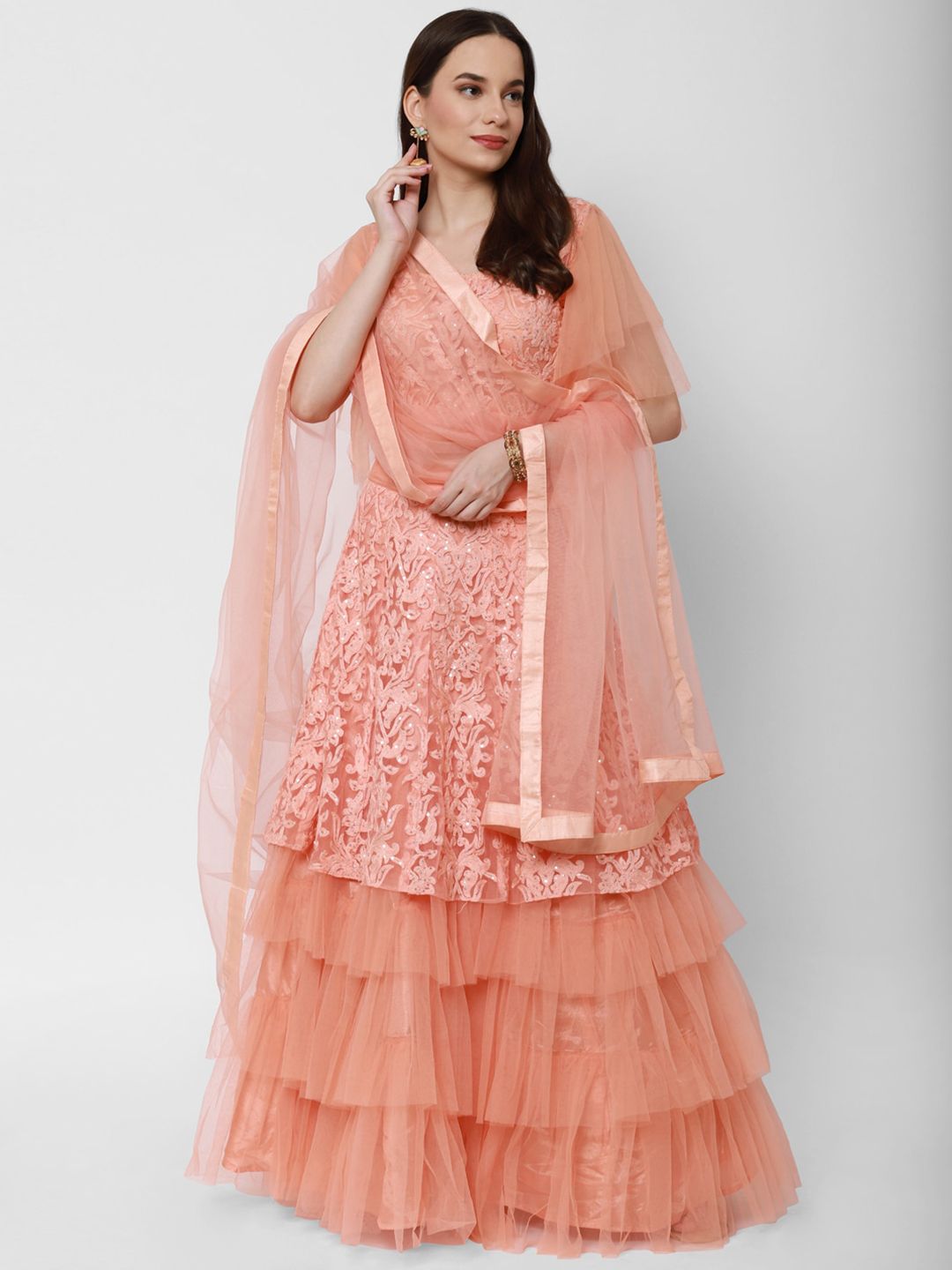 RedRound Peach-Coloured Embellished Sequinned Semi-Stitched Lehenga & Unstitched Blouse With Dupatta Price in India