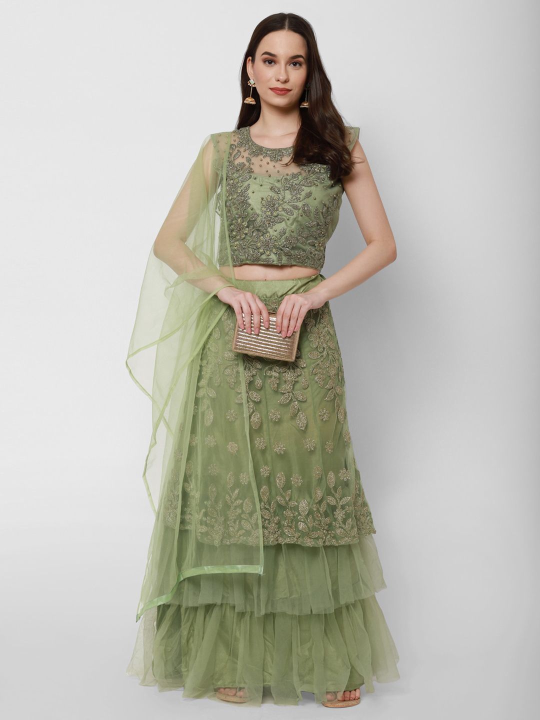 RedRound Green Embellished Semi-Stitched Lehenga & Unstitched Blouse With Dupatta Price in India
