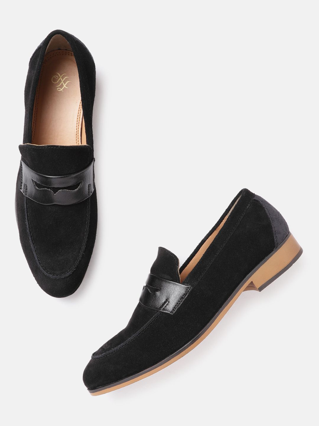 House of Pataudi Men Black Handcrafted Suede Partywear Penny Loafers