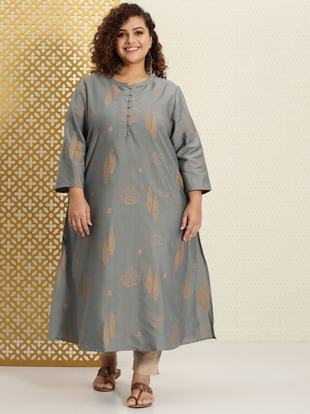 House of Pataudi Women Grey & Gold-Toned Ethnic Motifs Printed Kurta Price in India