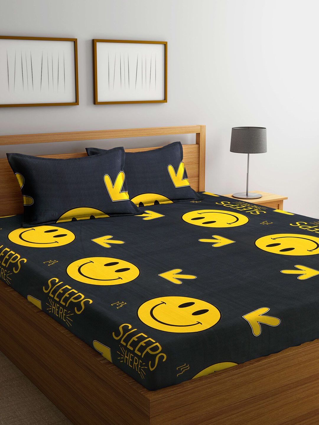 KLOTTHE Black Cartoon Printed 210 TC Cotton Blend Double King Bedsheet With 2 Pillow Cover Price in India
