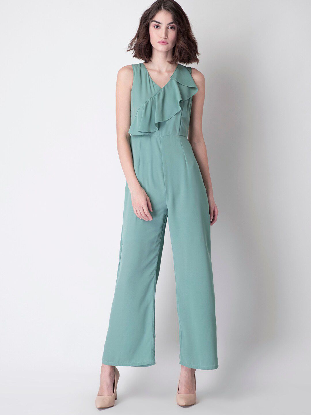 FabAlley Women Sea Green Basic Jumpsuit with Ruffles Price in India