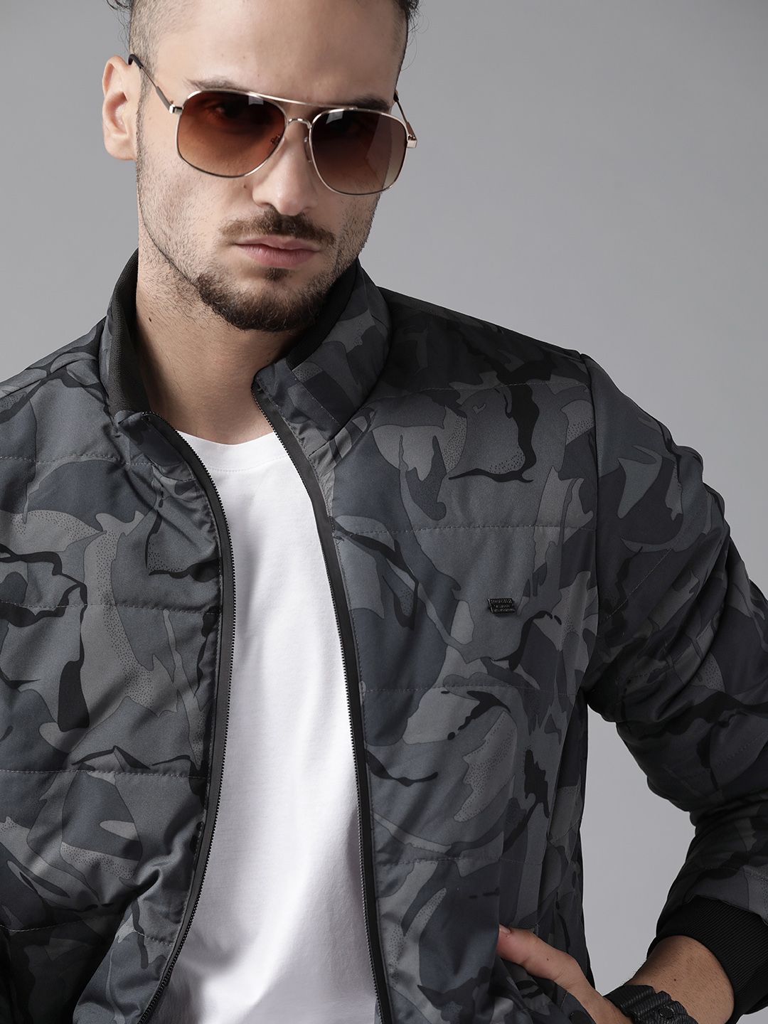 Roadster Men Grey Camouflage Print Padded Jacket