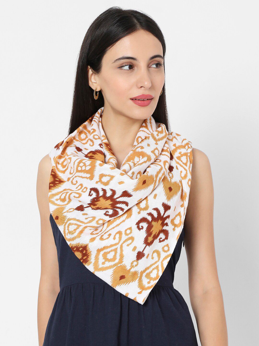 SALWAR STUDIO Women White & Brown Rayon Ikkat Printed Scarf Price in India