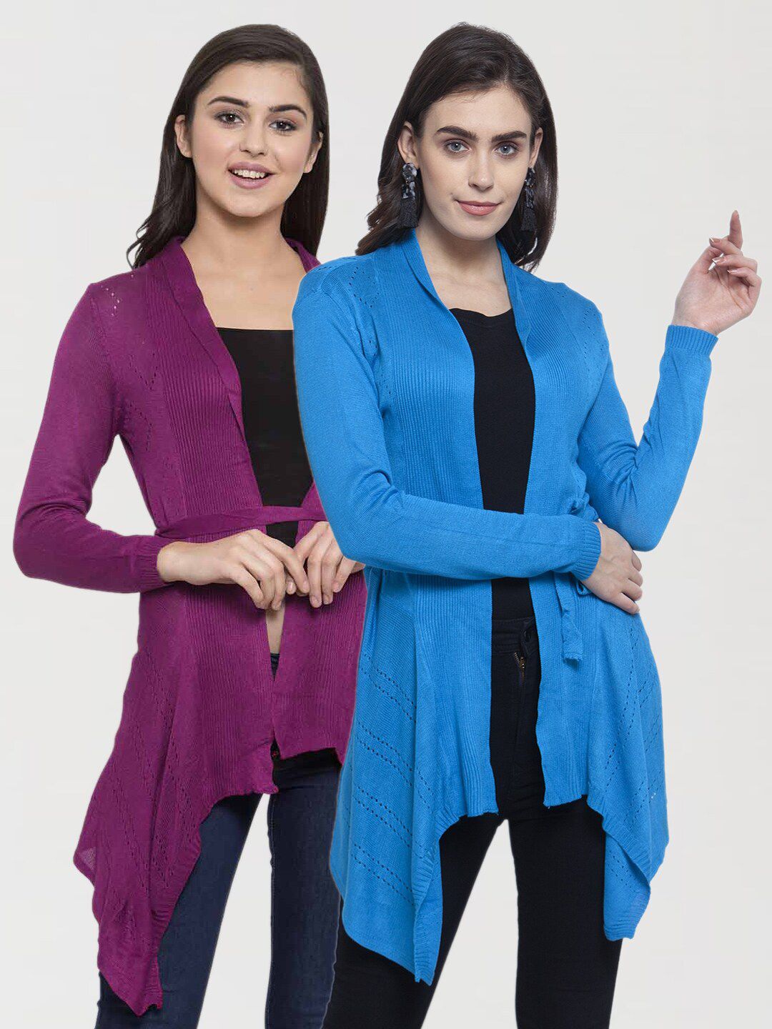 KLOTTHE Women Pack Of 2 Turquoise Blue & Purple Tie Up Shrugs Price in India