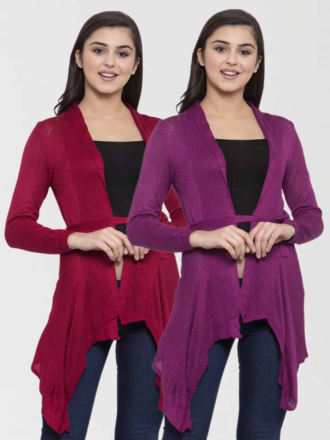 KLOTTHE Women Pack Of 2 Purple & Red Tie Up Shrugs Price in India
