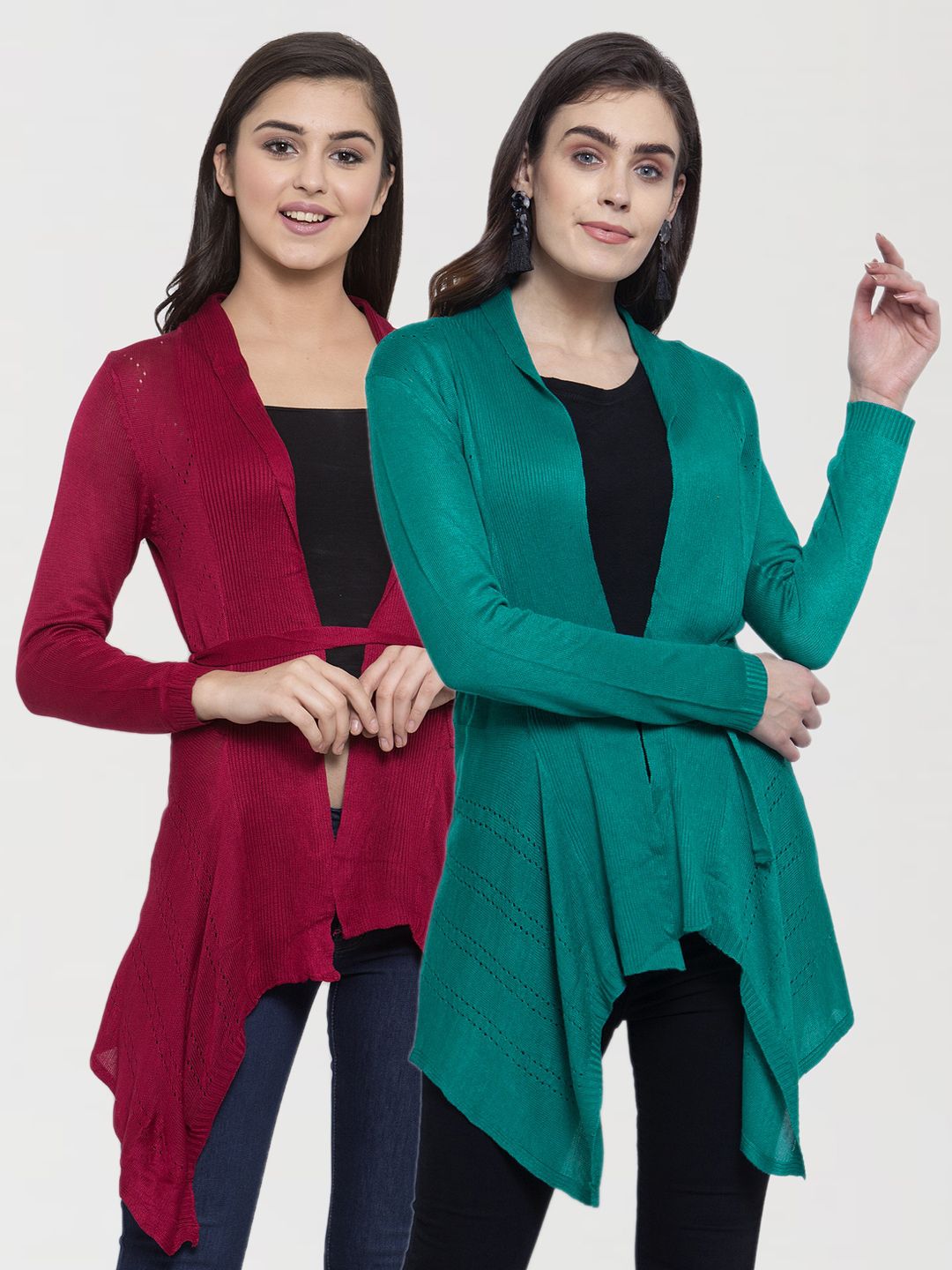 KLOTTHE Women Pack Of 2 Green & Maroon Tie-Up Shrugs Price in India