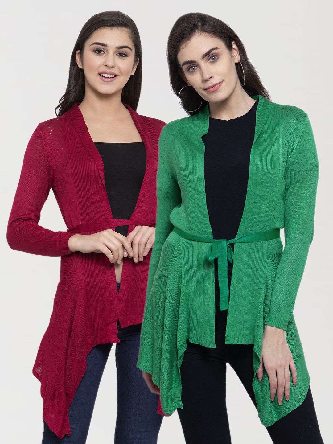 KLOTTHE Women Pack Of 2 Maroon & Green Tie Up Shrugs Price in India