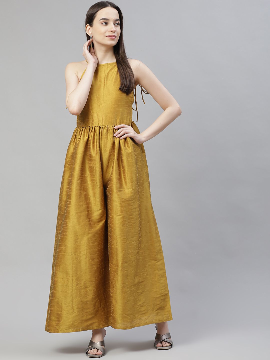 Cottinfab Mustard Backless Basic Jumpsuit Price in India
