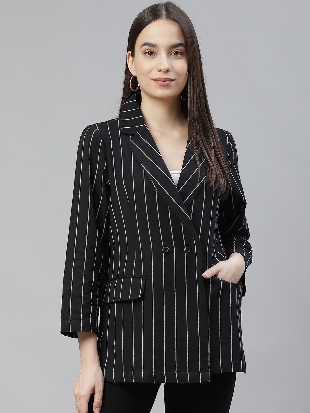 Cottinfab Women Black & White Striped Double-Breasted Blazer Price in India
