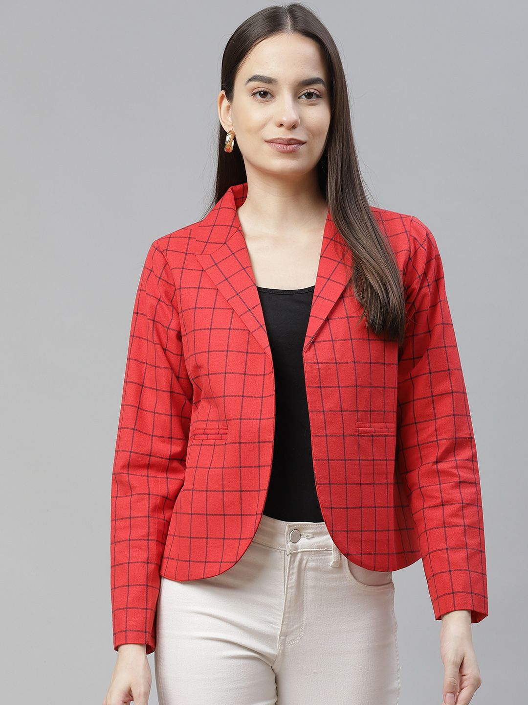 Cottinfab Women Red & Navy Blue Checked Open Front Blazer Price in India