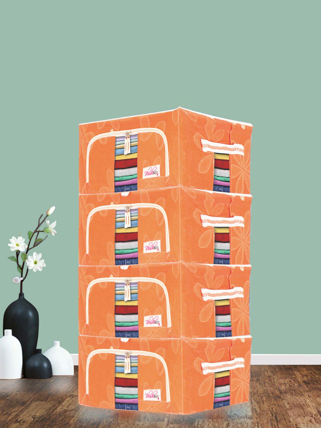 BlushBees Pack Of 4 Orange & White Printed Multi-Utility Wardrobe Organisers Price in India
