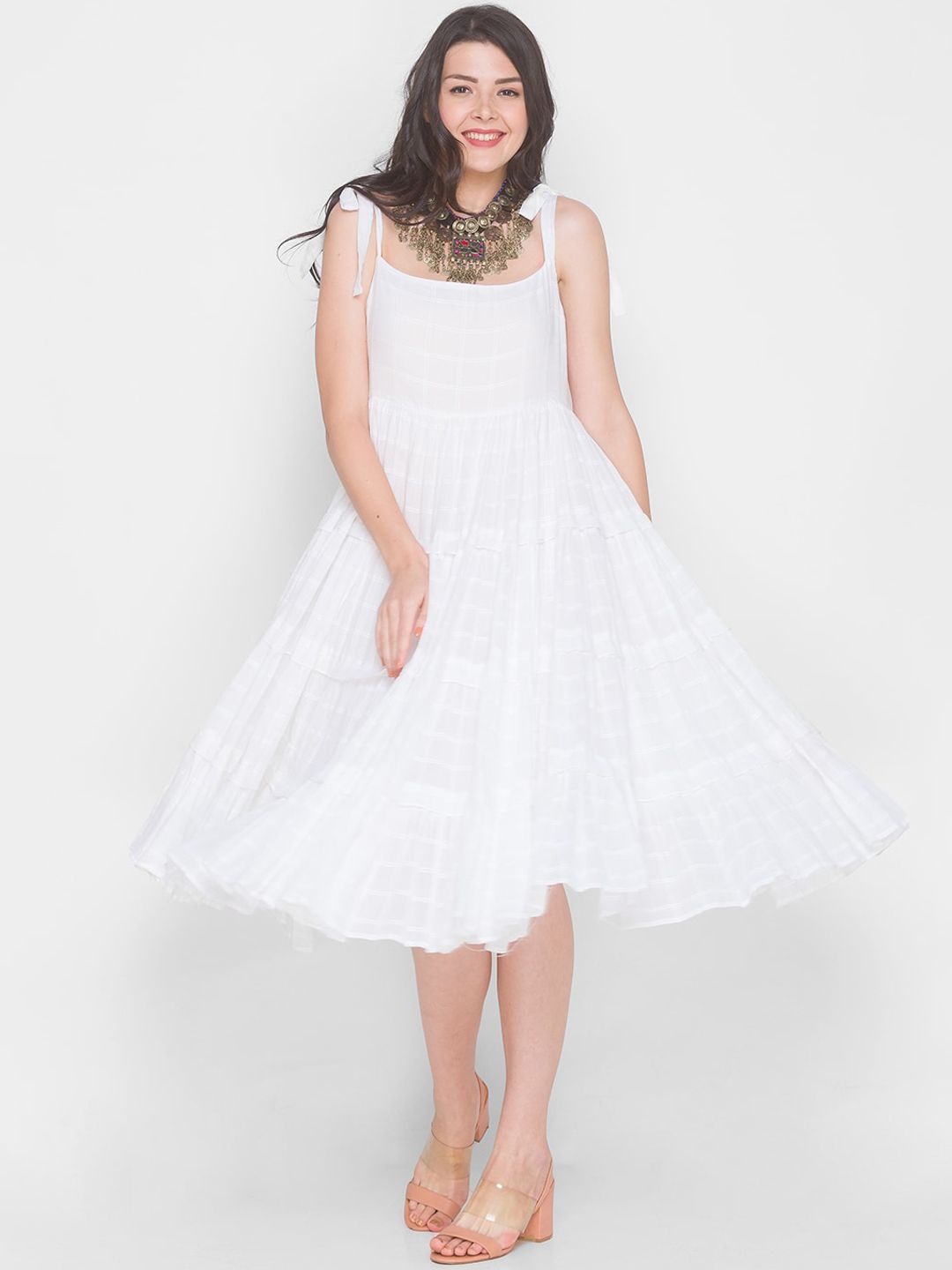 TERQUOIS White Tiered Midi Fit and Flare Dress Price in India