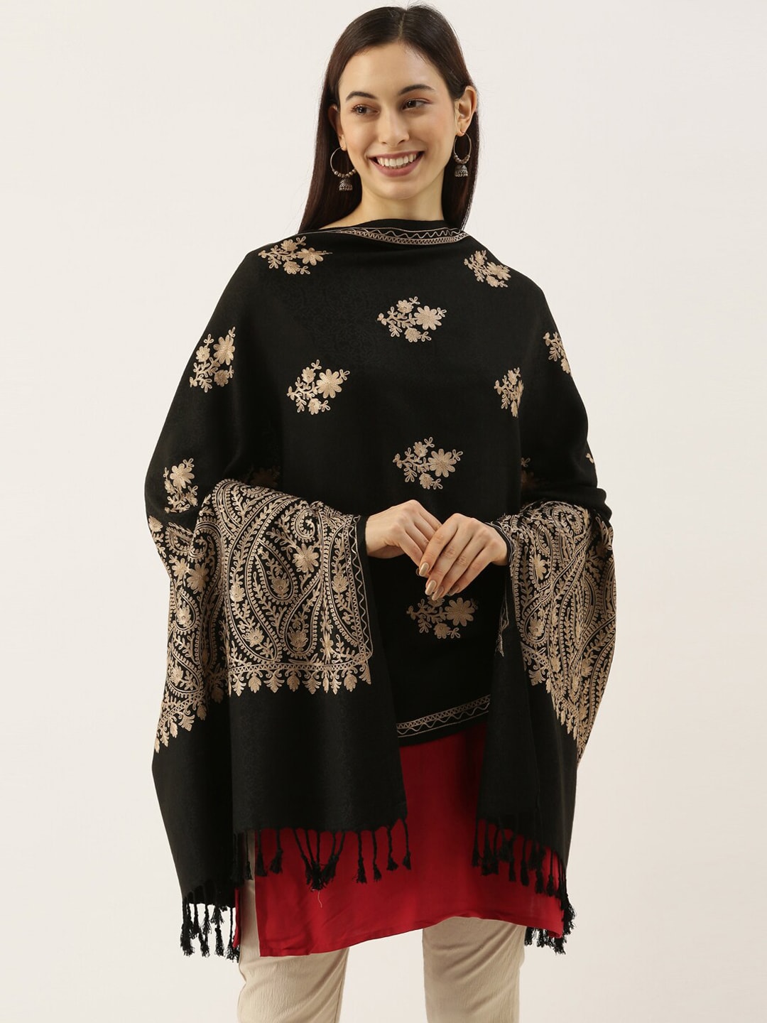Pashmoda Women Black & Beige Aari Embroidered Shawl Price in India