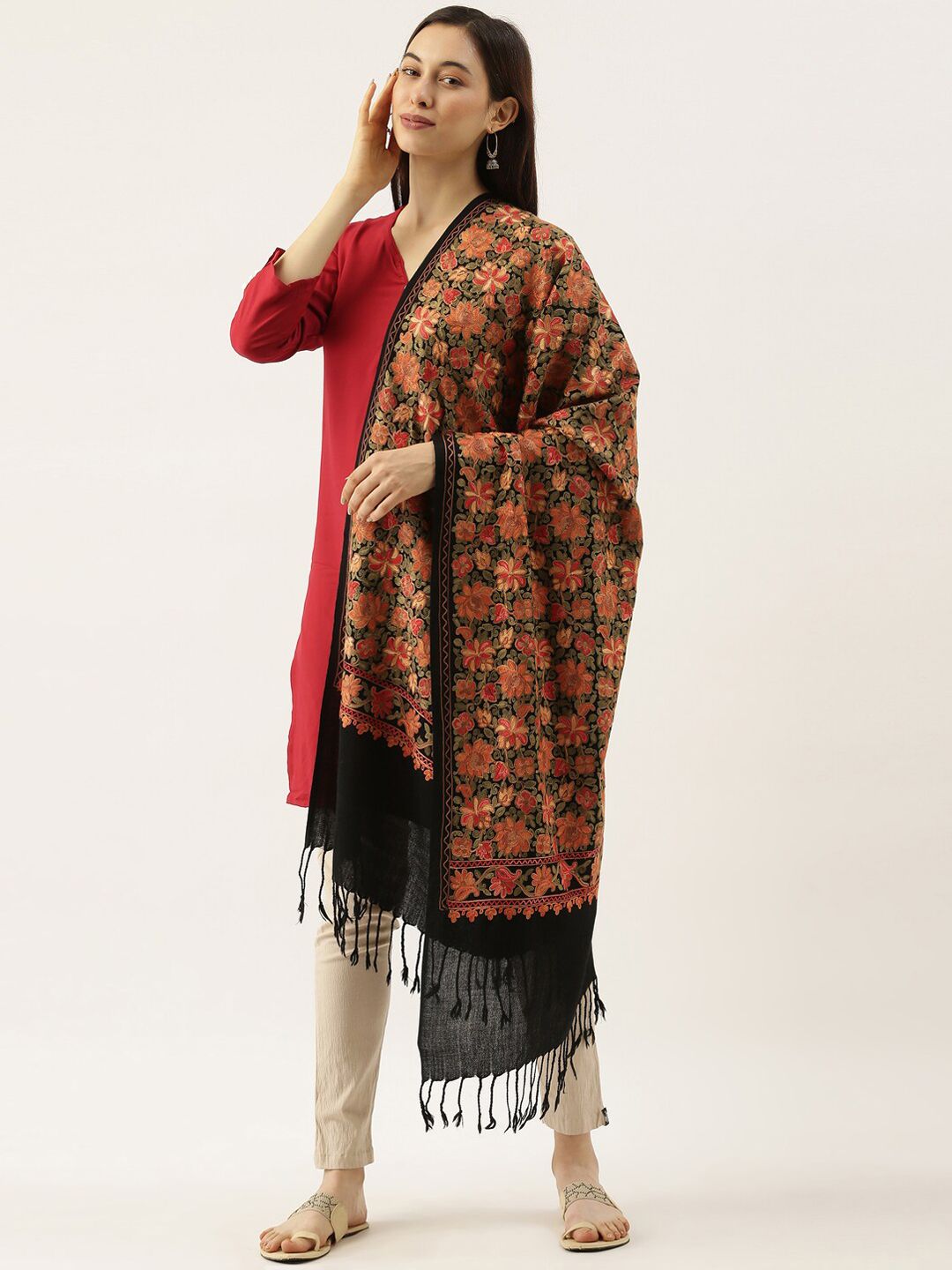 Pashmoda Women Black & Red Embroidered Pure Wool Shawl Price in India