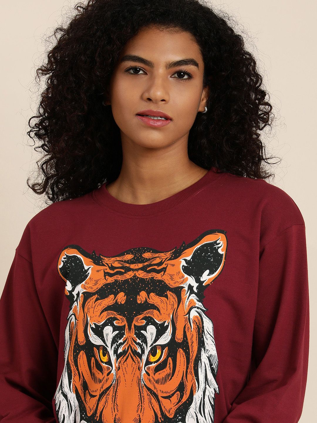 DILLINGER Women Maroon Graphic Oversized Sweatshirt Price in India