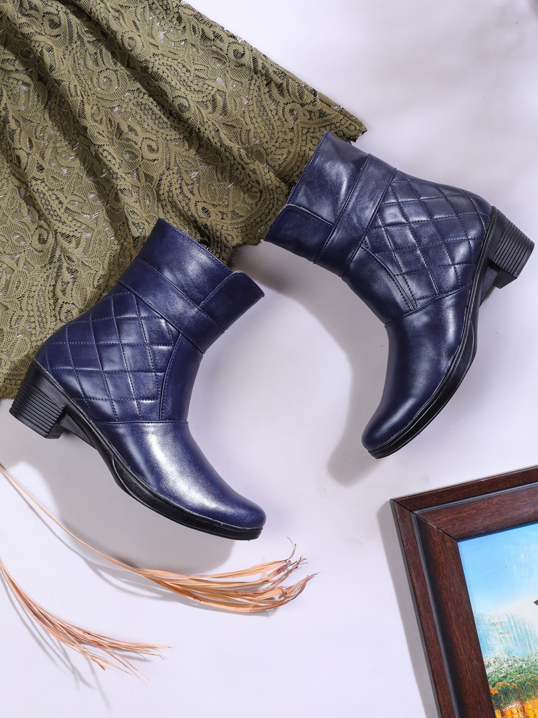 LONDON STEPS Women Navy Blue Textured Block Heeled Boots Price in India