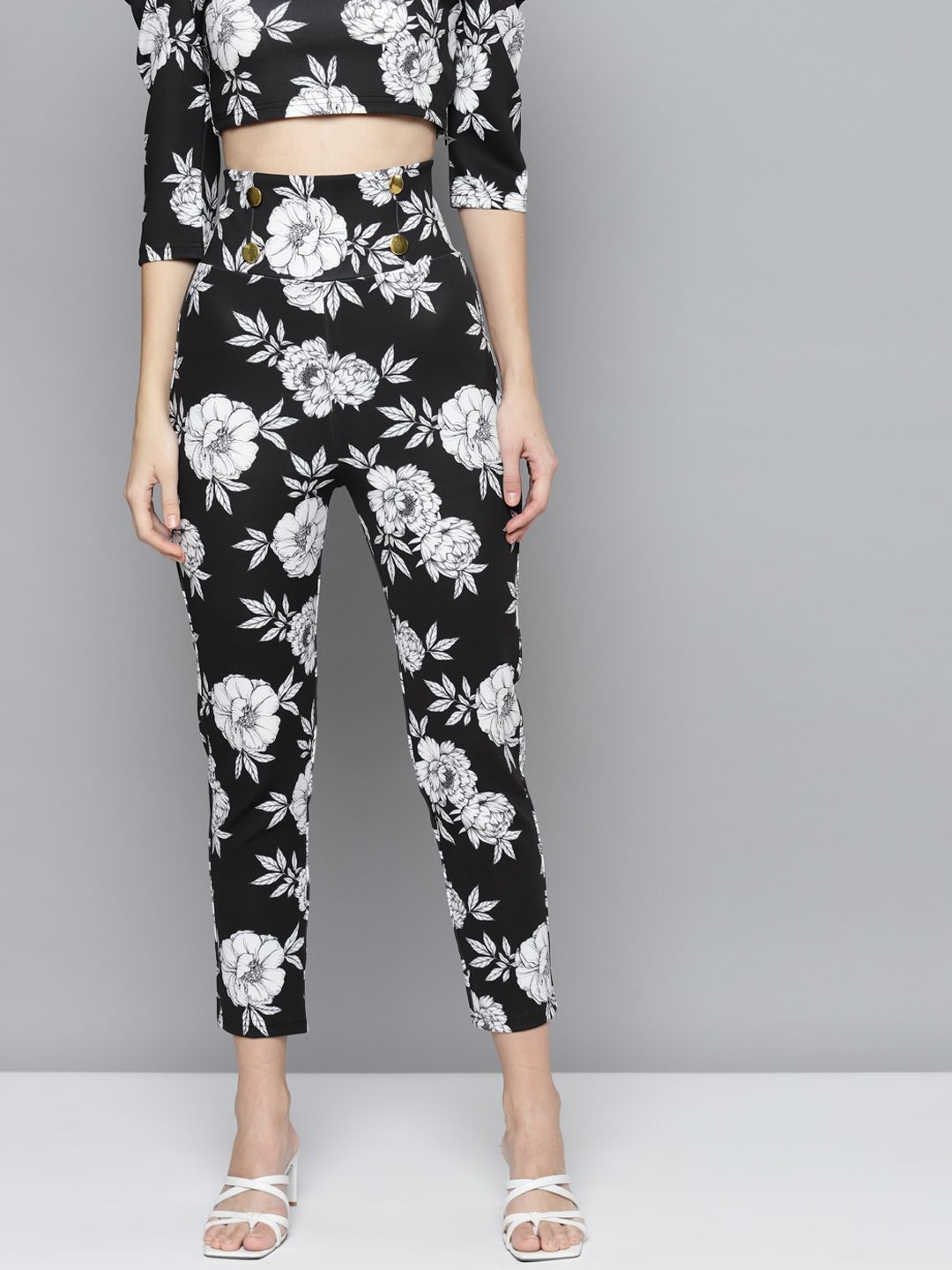 SASSAFRAS Women Black Floral Printed Scuba Front Button High Waist Pants Price in India