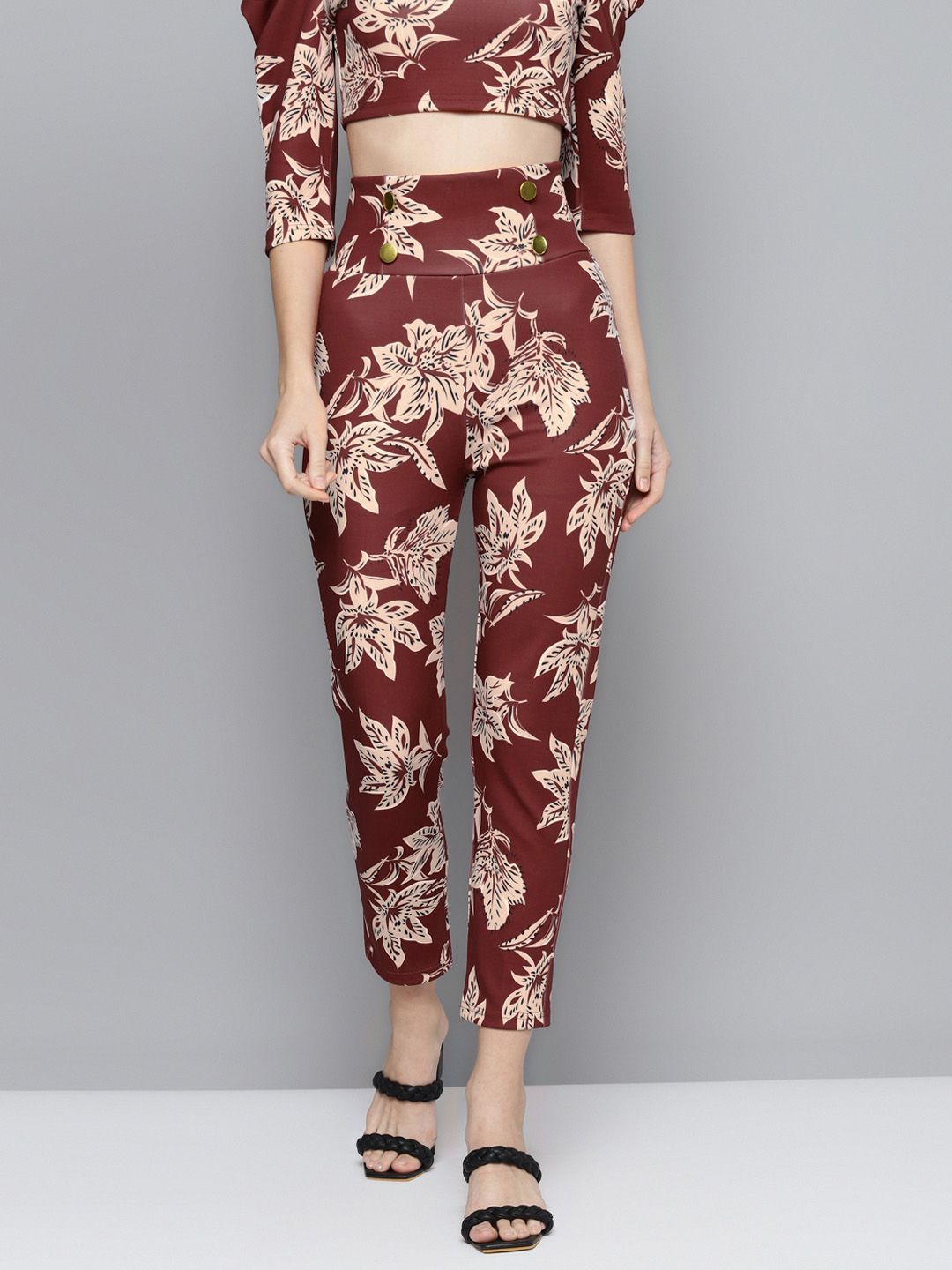 SASSAFRAS Women Maroon Floral Printed Front Button High-Rise Trousers Price in India